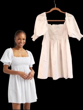 Hill House The Athena Smocked Puff Sleeve White Swiss Dot Babydoll Dress Small